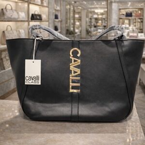 Cavalli Class Black Leather Tote with Gold Logo